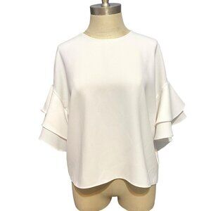 Zara Woman White Crepe Double Ruffle Sleeve Blouse Round Neck Women's Size Small
